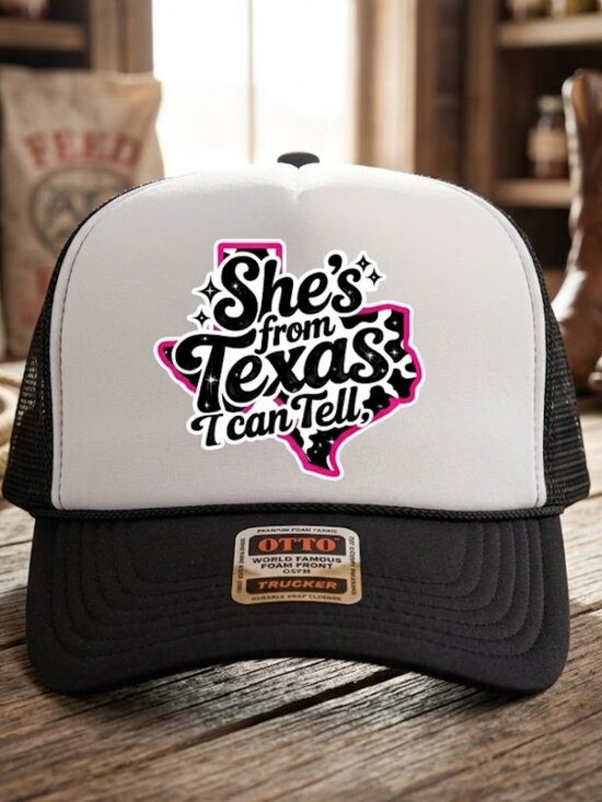 OTTO Accessories - Shes From Texas I Can Tell Printed Black White OTTO Foam Rope Snapback Hat Funny